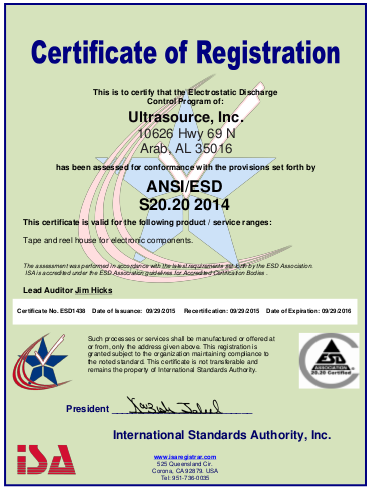 Ultrasource ANSI/ESD certified